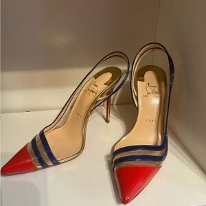 Brand New never worn Blue Red and Gold sling back Christian Louboutin